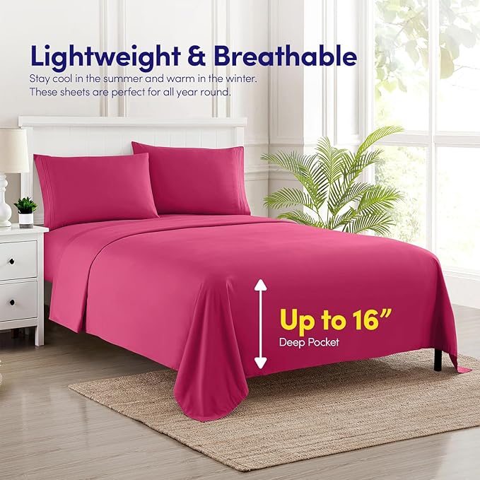 Sweet Home Collection Twin Size Sheet Set with Built-in Sheet Straps - Deep Pocket Fitted Sheet, Flat Sheet & Pillowcases - Soft, Wrinkle-Free, Secure Fit - Fuschia