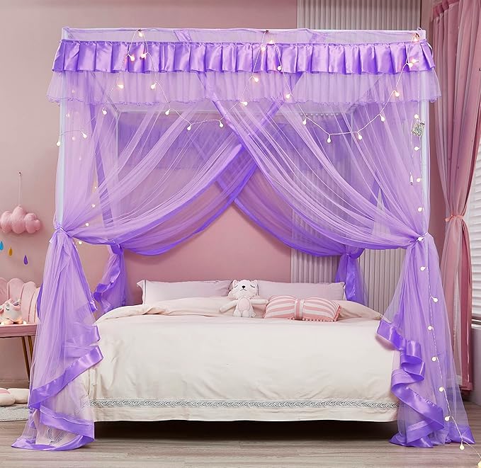 Mengersi Canopy Bed Curtains Full Size for Boys Girls Bed Drapes Bed Canopy Princess Bed Drapes Bedroom Decoration(Purple)