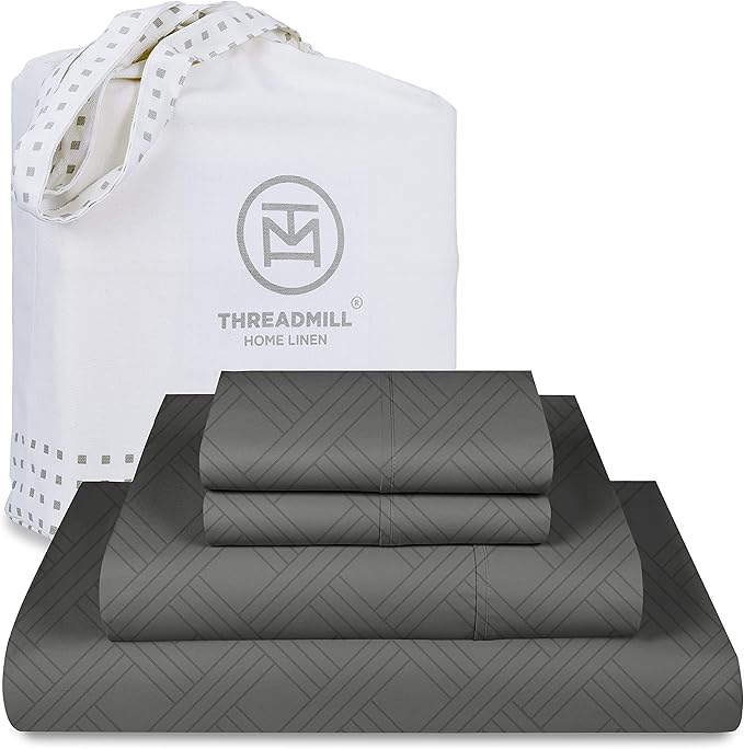 Threadmill California-King Sheets - 800 Thread Count, Jacquard Celine Dark Grey, 100% Pure Cotton 4 Piece Striped Bed Set, Extra Long Staple Cotton, Luxury Damask Sheets with Elasticized Deep Pocket