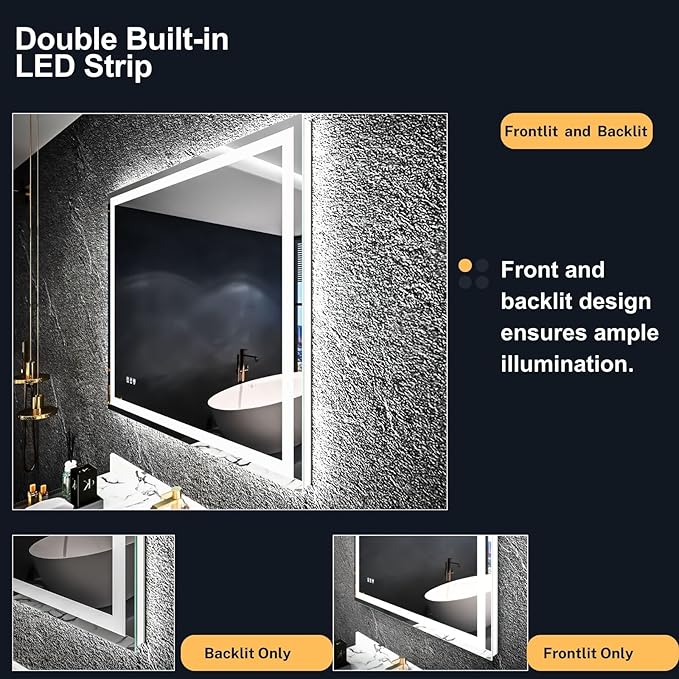 Led Bathroom Mirror 40"x36" with Anti-Fog, Front Lighted Bathroom Vanity Mirror for Wall Mounted, Memory, 3 Colors Dimmable Backlit Mirror (Horizontal/Vertical)