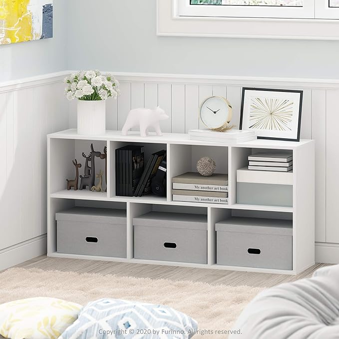 Furinno LUDER Book Shelf, 7-Cube Bookshelf, Bookcase, 9.4" x 19.5" x 41.7", for Living Room, Bedroom, Home Office, White