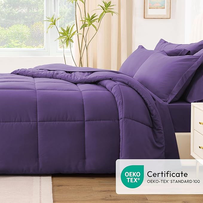 Love's cabin Full Comforter Set Dark Purple, 7 Pieces Full Bed in a Bag, All Season Bedding Sets with 1 Comforter, 1 Flat Sheet, 1 Fitted Sheet, 2 Pillowcase and 2 Pillow Sham