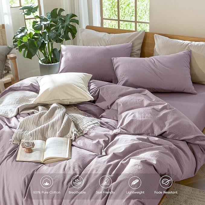 MooMee Bedding Duvet Cover Set 100% Washed Cotton Linen Like Textured Breathable Durable Soft Comfy (Solid Taro Purple, Palatial King/Oversized King 120"x98")