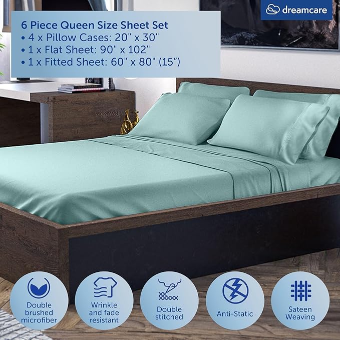 DREAMCARE Queen Sheet Set – 6 pcs Cooling Bed Sheets – up to 15” Deep Sheets Queen Size Bed Set – 2500 Supreme Collection – Extra Soft 100% Brushed Microfiber Hotel Luxury with Side Pocket – Spa Blue
