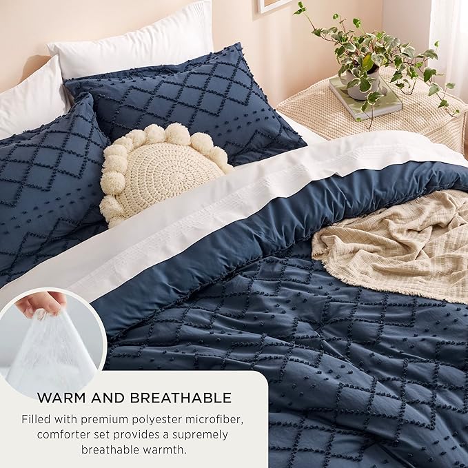Bedsure Oversized Queen Comforter Set - Navy Blue Comforter, Boho Tufted Shabby Chic Bedding, 3 Pieces Vintage Farmhouse Bed Set for All Seasons, Fluffy Soft Bedding with 2 Pillow Shams