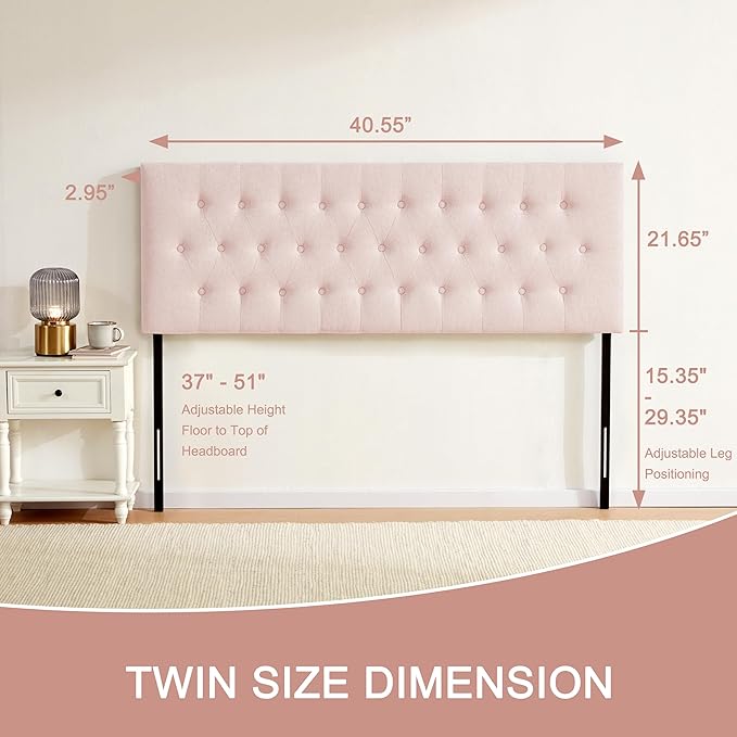 Tufted Upholstered Headboard Twin Size, Solid Wood Head Board with Durable Metal Legs, Adjustable Height Bed headboard from 37” to 51” Fabric Headboard in Modern Button Design, Pink
