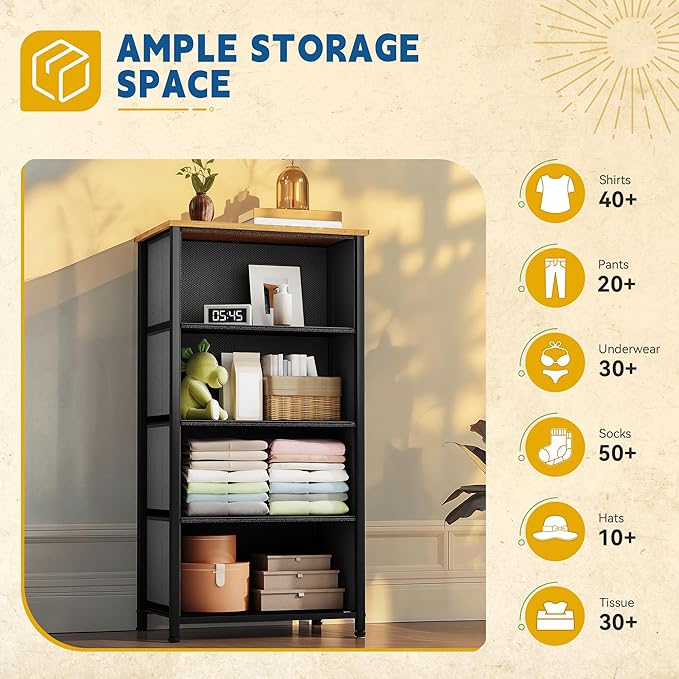 DWVO 4 Drawers Dresser, Small Dresser for Bedroom, Fabric Storage Tower, Chest of Drawers, Organizer Unit for Closets, Living Room, Sturdy Steel Frame, Wooden Top, Easy Pull Handle