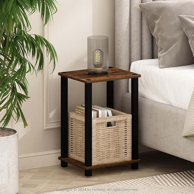 Furinno Simplistic Night Stand, 2-Tier Small Nightstand with Open Shelf, Toolless Assembly Bedside Table, End Table, Side Table, for Bedroom, Living Room, Amber Pine