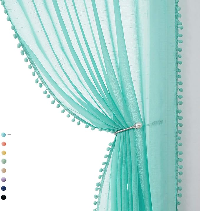 Treatmentex Pompom Sheer Curtain Panels 84inch Long Living Room Bedroom Window Curtain Drapes for School, Kindergarten 52" Width Each Panel. 1 Pair Rod Pocket Aqua