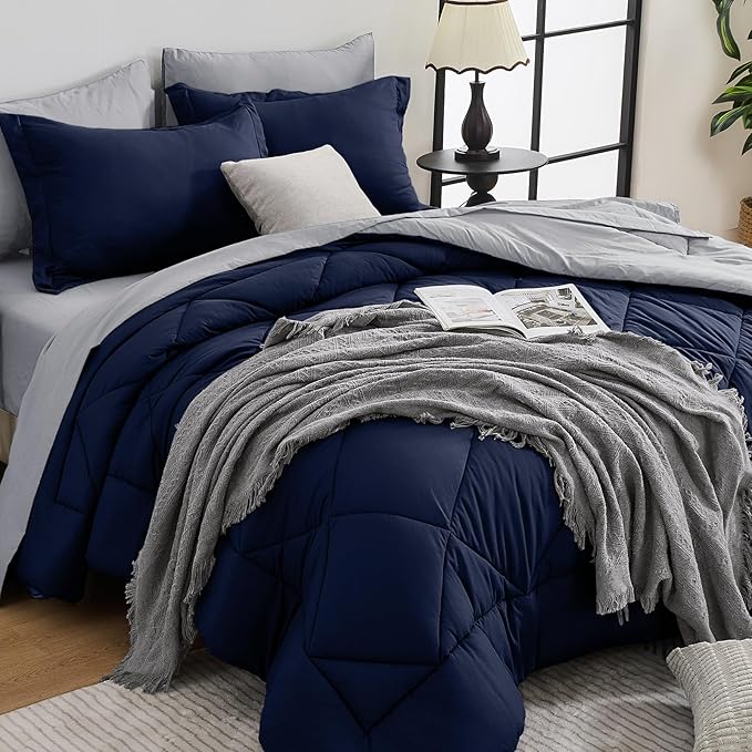 HEVUMYI Navy Blue & Grey California King Comforter Set - 7-Piece All Season Bed in a Bag Cal King, Ultra Soft Bedding Set with Comforter, Flat Sheet, Fitted Sheet, Pillowcases, Pillow Shams