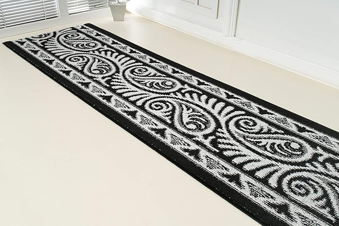 Custom Length Cut to Size Tribal Ethnic Southwestern Inspired Hallway Runner Rug, Non Slip Rubber Backed, 31 inch Wide X Customized Length, Mayan Black, 31 inch X 3 feet, Doormat Size