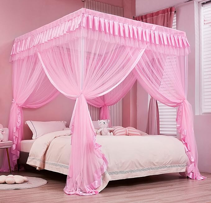 Mengersi 4 Corners Post Canopy Bed Curtains for Girls Full Size - Royal Luxurious Cozy Drape Canopy Bed Frames Netting for Kids Adults- Cute Princess Bedroom Decoration (Pink)