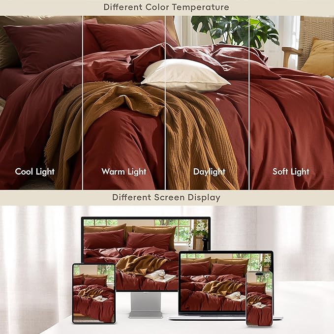 MooMee Bedding Duvet Cover Set 100% Washed Cotton Linen Like Textured Breathable Durable Soft Comfy (Solid Fired Brick Red, Queen 90"x90")