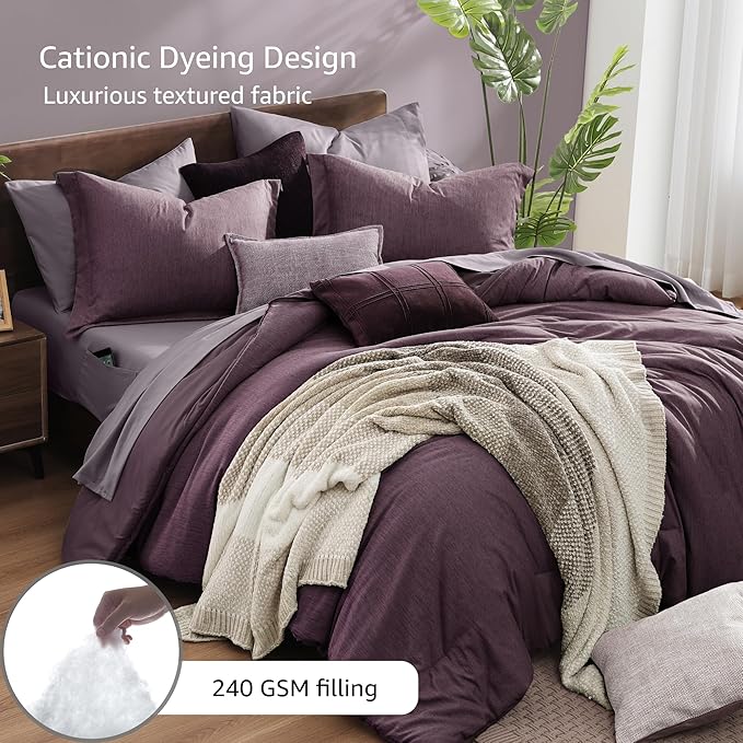Monbix Twin XL Comforter Set Italian Plum, Cationic Dyeing Bedding Set Reversible 5 Pieces, All Season Bed in a Bag with Comforter, Sheets, Pillowcase & Sham