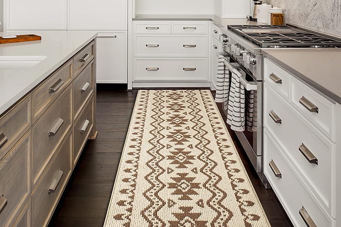 Custom Length Cut to Size Tribal Ethnic Southwestern Inspired Hallway Runner Rug, Non Slip Rubber Backed, 31 inch Wide X Customized Length, Aztec Beige, 31 inch X 8 feet