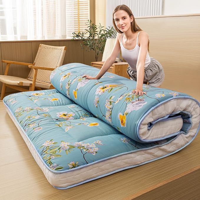 MAXYOYO Rustic Floral Korean Futon Mattress, Padded Japanese Floor Mattress Quilted Bed Mattress Topper, Extra Thick Folding Sleeping Pad Breathable Floor Lounger Guest Bed for Camping Couch, Twin