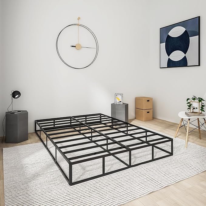Qingzhou Box Spring King Bed Bases, 9 Inch High Metal King Size Box Spring Only, Heavy Duty Mattress Foundation with Fabric Cover, Easy Assembly, Quiet Noise Free, Non Slip, Black