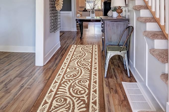 Custom Length Cut to Size Tribal Ethnic Southwestern Inspired Hallway Runner Rug, Non Slip Rubber Backed, 31 inch Wide X Customized Length, Mayan Brown, 31 inch X 11 feet