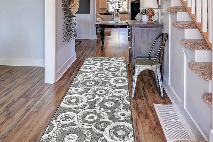 Custom Length Cut to Size Retro Modern Geometric Carpet Runner Rug for Hallways, Non Slip Rubber Backed, 31 inch Wide X Customized Length, Geo Grey, 31 inch X 17 feet