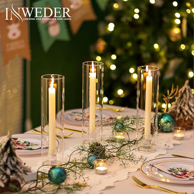 Glass Hurricane Candle Holder: 11.8" Tall Candlestick Holder with Cylinder Windproof Cover Clear Taper Candle Holders for Wedding Party Birthday Christmas Home Decor Set of 2