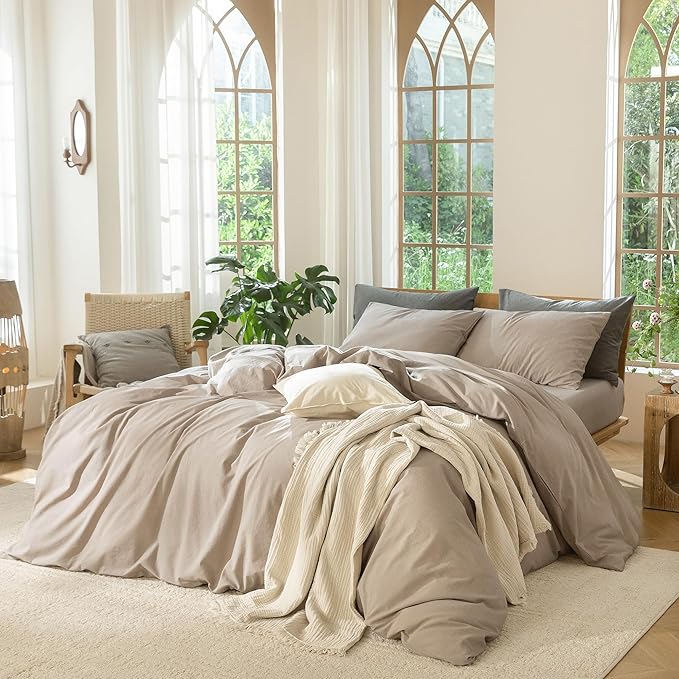 MooMee Bedding Duvet Cover Set 100% Washed Cotton Linen Like Textured Breathable Durable Soft Comfy (Heathered Taupe, King 104"x90")