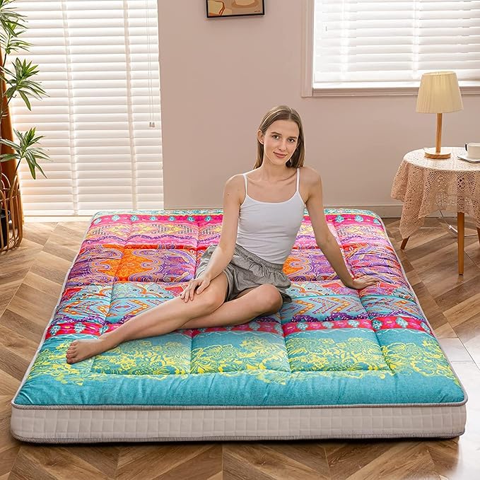MAXYOYO Queen Futon Floor Mattress Shikibuton Sleeping Mats for Adults, Floor Futon with High-Density Foam, Portable Mattress for Living Room, Guest Room, Bohemian B