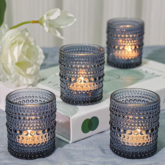 24 Pcs Votive Candle Holders, Dark Blue Glass Candle Holder Bulk for Table Centerpiece, Tea Lights Candle Holders for Wedding Shower, Party and Home Decor