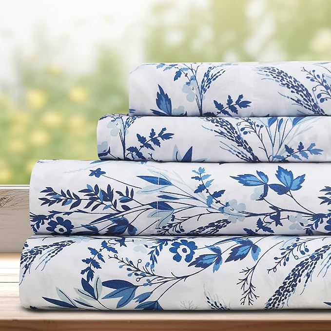 DREAMCARE Queen Size Sheets - Floral Sheets Queen Size Bed Set - 4pcs Queen Sheet Set - Cooling Bed Sheets - Queen Size Sheet Sets - Soft & Long Lasting 100% Brushed Floral Bed Set - Floral Blue