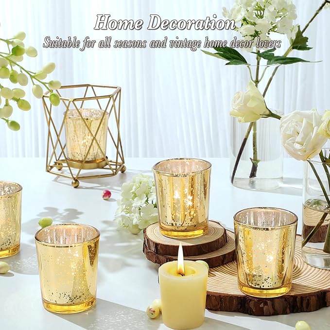 Gold Votive Candle Holders Set of 24, Speckled Mercury Candle Holders for Wedding Gold Centerpiece Table Decorations, Tealight Candle Holder for Party Bridal Shower Decor, Home Decor