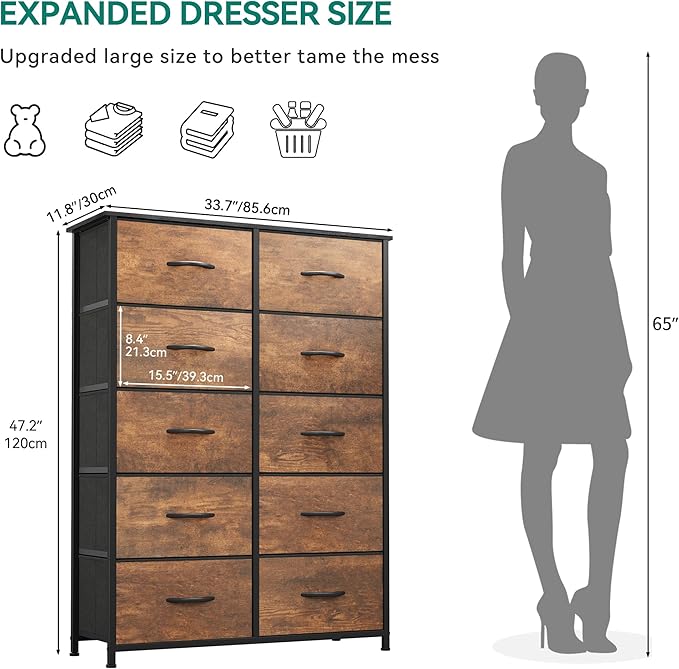 YITAHOME 10 Drawers Dresser - Fabric Storage Tower Organizer Unit for Bedroom, Living Room, Hallway, Closets - Sturdy Steel Frame, Wooden Top & Easy Pull Fabric Bins