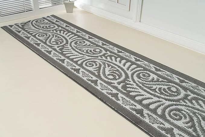 Custom Length Cut to Size Tribal Ethnic Southwestern Inspired Hallway Runner Rug, Non Slip Rubber Backed, 31 inch Wide X Customized Length, Mayan Grey, 31 inch X 17 feet