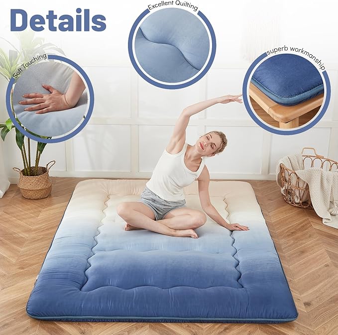 Japanese Floor Mattress, Futon Mattress with Portable Storage Bag and Washable Cover, Roll Up Thick Tatami Mat Suitable for Camping, Guest Room (Coastal Gradient, Full)