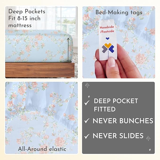 California Design Den Floral Deep Pocket Twin Sheets Set - 400 Thread Count Sateen, Natural 100% Cotton Sheets, Cooling and Durable Bedding Set - Antique Rose