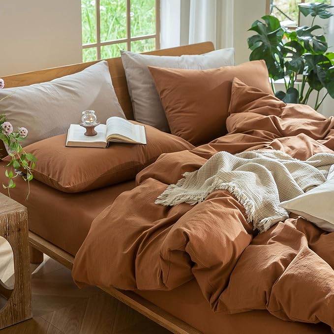 MooMee Bedding Duvet Cover Set 100% Washed Cotton Linen Like Textured Breathable Durable Soft Comfy (Solid Dark Orange, Cal King 104"x98")