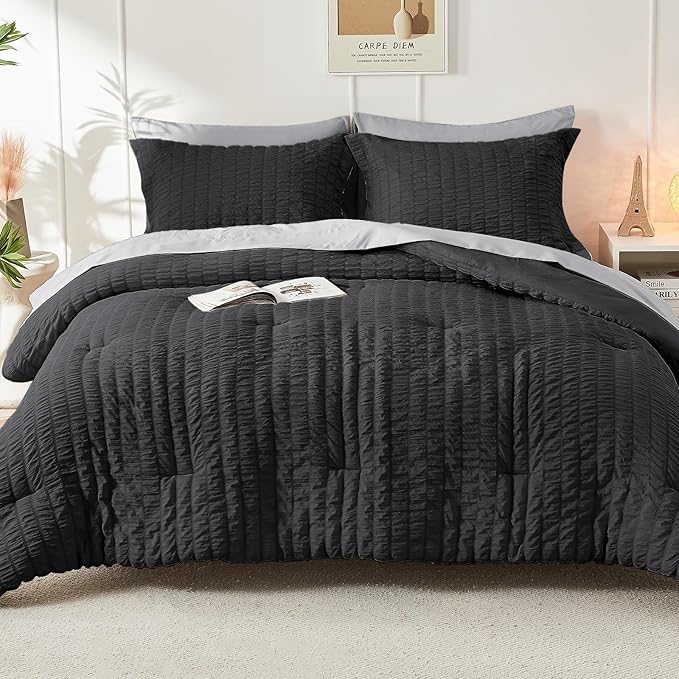 HYMOKEGE Black/Light Grey Full Size Comforter Sets Seersucker 7 Pieces, All Season Luxury Bed in a Bag for Bedroom, Bedding Set with Comforter, Sheets, Pillowcases & Shams