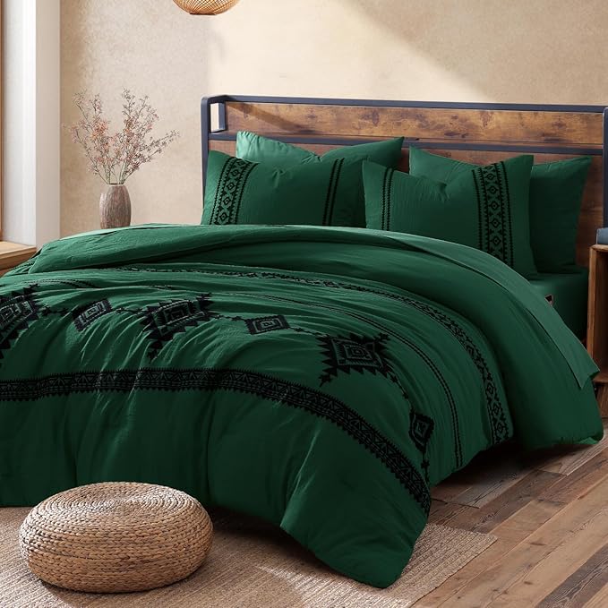 MaiRêve Embroidery King Size Comforter Set Emerald Green, Boho Farmhouse Western Bedding Set 7 Pieces, All Season Bed in A Bag Comforter Set with Sheets, Pillowcases & Shams