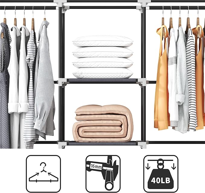Portable Closet, 51 Inch Wardrobe Closet for Hanging Clothes with 2 Hanging Rods, 8 Storage Organizer Shelves for Bedroom, Durable and Easy to Assemble, Grey