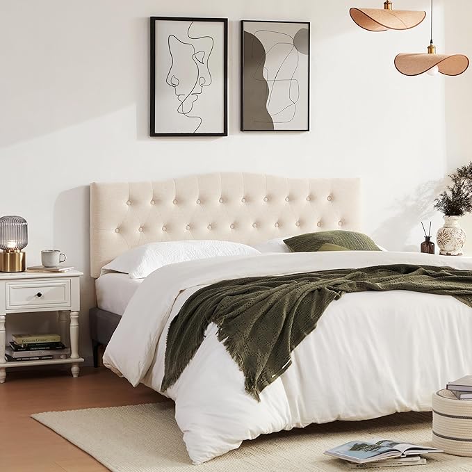 Tufted Upholstered Headboard Queen Size, Sturdy and Durable Solid Wood Bed headboard, Fabric Headboard Adjustable Height from 37” to 51”, Modern Button Diamond Design Head Board, Beige