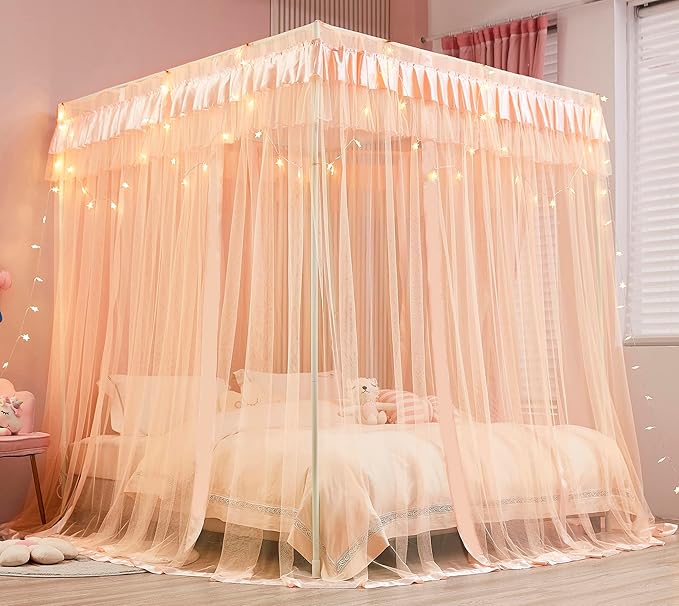 Mengersi Canopy Bed Curtains for Girls Kids - Bed Canopy for Girls Bed Drapes Mosquito Net - Cute Princess Bedroom Decoration Accessories(Full, Peach)