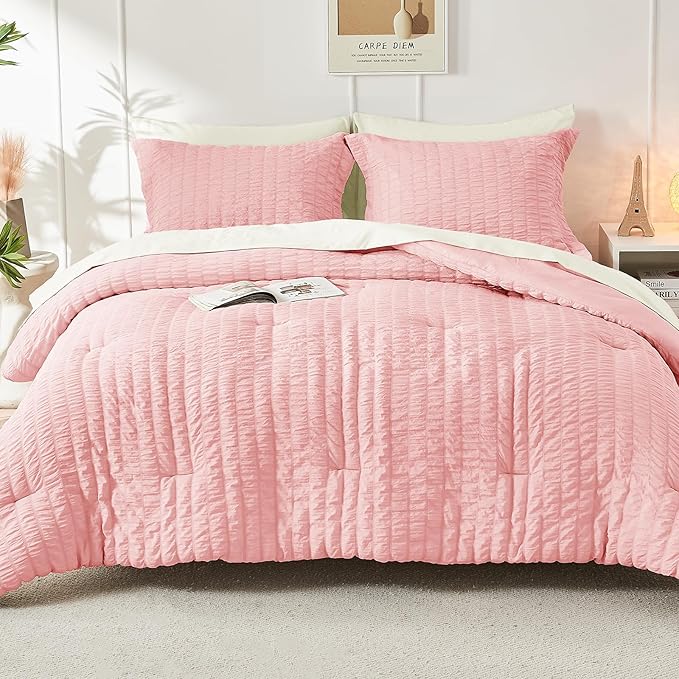 HYMOKEGE Pink/Ivory Full Size Comforter Sets Seersucker 7 Pieces, All Season Luxury Bed in a Bag for Bedroom, Bedding Set with Comforter, Sheets, Pillowcases & Shams