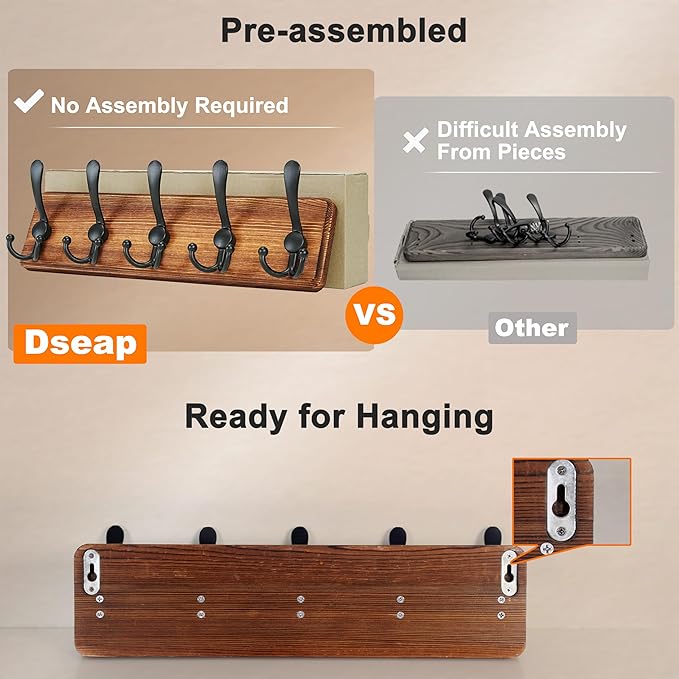 Dseap Coat Rack Wall Mount - Heavy-Duty Robust Barnwood-Style Wooden Wall Coat Hanger Hook Rail with 5 Triple Hooks for Winter Coats Hat Jacket Clothing, Weathered Green & Black, Pack of 2