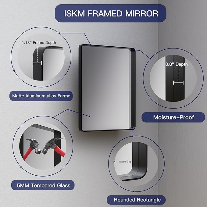 ISKM 30"x 30" Black Framed Bathroom Mirror for Wall, Bathroom Vanity Mirror Anti-Rust, Tempered Glass, Rounded Rectangle Mirror(Horizontal/Vertical)