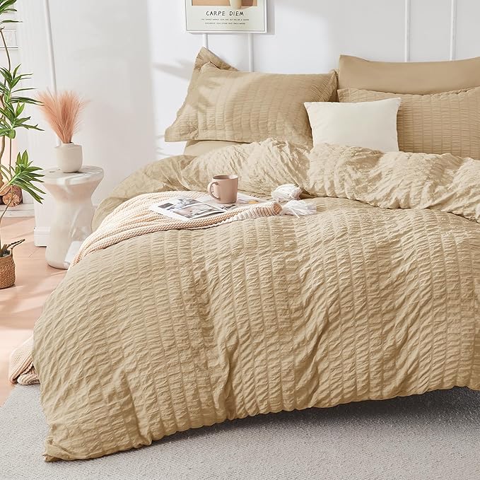 HYMOKEGE Khaki California King Comforter Set Seersucker 7 Pieces, All Season Luxury Bed in a Bag for Bedroom, Bedding Set with Comforter, Sheets, Pillowcases & Shams