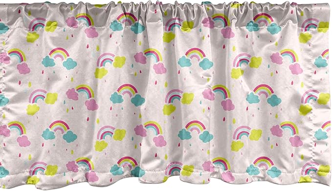 Ambesonne Cartoon Window Valance, Pastel Rainbows Clouds Raindrops Sky Theme, Curtain Valance for Kitchen Bedroom Decor with Rod Pocket, 42" x 12", Rose and Multicolor
