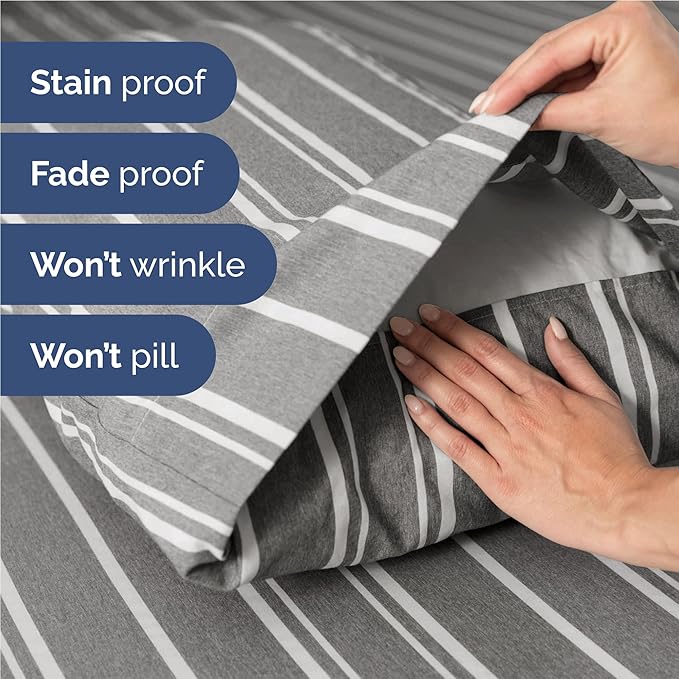 Full 6 Piece Sheet Set - Comfy Breathable & Cooling - Soft Hotel Luxury Bedding Set with 8-16 Inch Deep Pockets - 1 Flat & 1 Fitted Sheet & 4 Pillowcases - Wrinkle Free & Easy Care - Grey Stripes 3