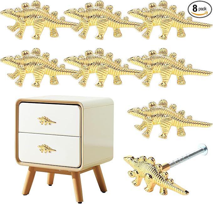 8 Pack Metal Dinosaur Knobs for Kids Furniture - Stego Style Gold Finish Drawer Pulls & Cabinet Handles, Scratch-Resistant (Stegosaurus)