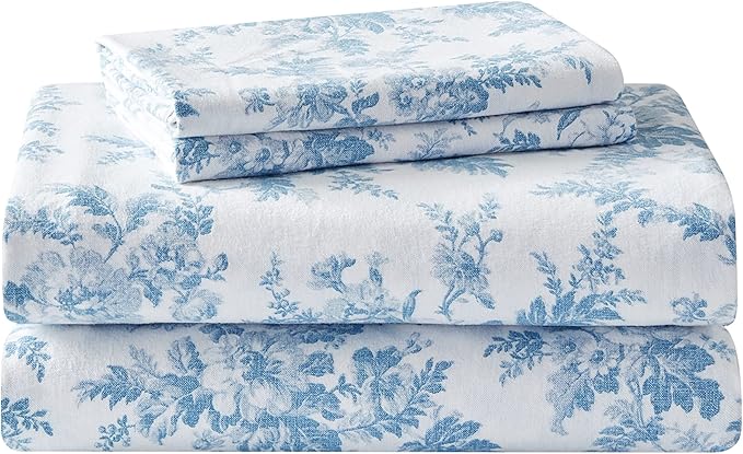 Laura Ashley - Flannel Sheets Full Size, Anti-Pilling & Wrinkle Resistant Cotton, Touchably Soft for All-Season Comfort - Bed Sheets with Matching Pillowcases & Fitted Sheet (Vanessa Blue)