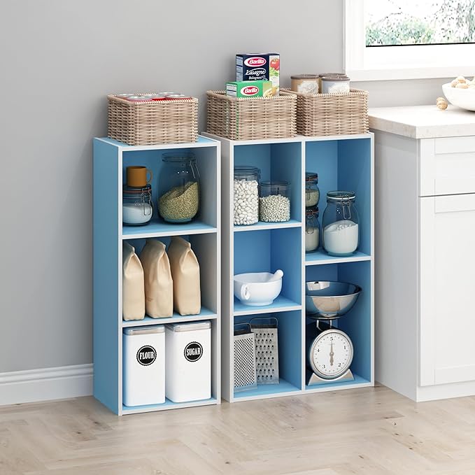 Furinno LUDER Book Shelf, 3-Cube Bookshelf, Bookcase, 9.3" x 12" x 31.5", for Living Room, Bedroom, Home Office, White/Light Blue