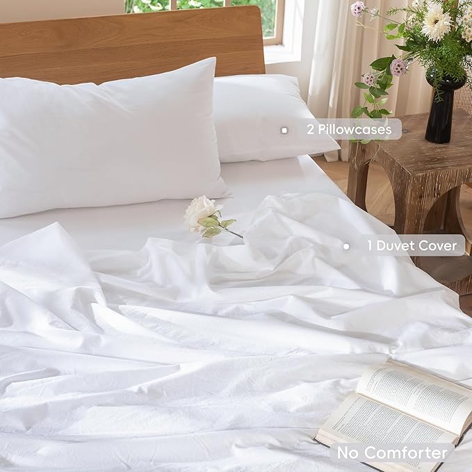 MooMee Bedding Duvet Cover Set 100% Washed Cotton Linen Like Textured Breathable Durable Soft Comfy (Solid Bright White, Queen 90"x90")