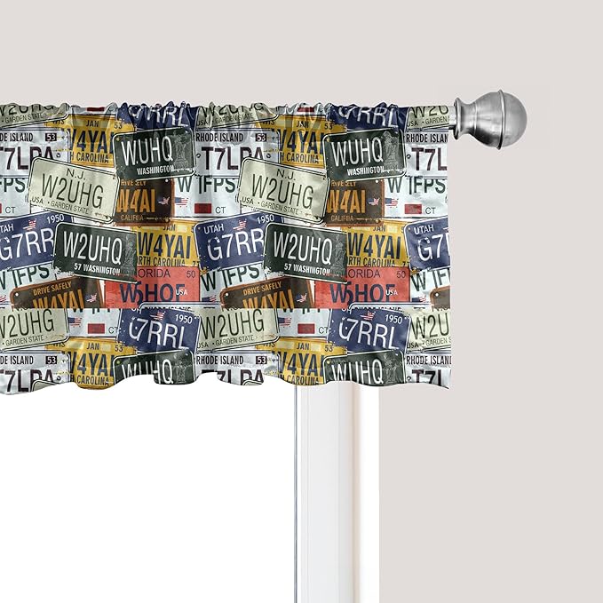 Ambesonne Vintage Window Valance Pack of 2, Original Retro Style License Plates Personalized Creative Travel Vacation, Rod Pocket Curtain Valances for Kitchen Bedroom, 42" X 12", Green Blue Yellow